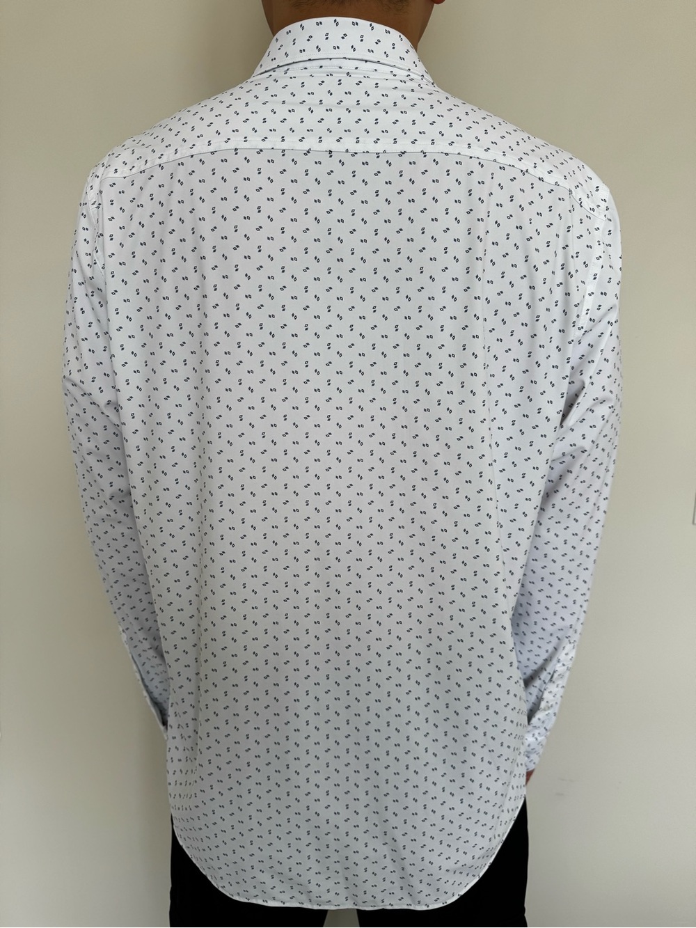 Men's White Long-Sleeve Button-Up Shirt with Navy Micro Print
